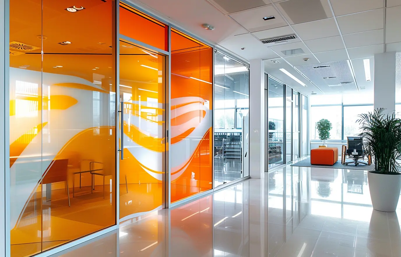 Bureaux avec cloisons vitrées et vitrophanie colorée