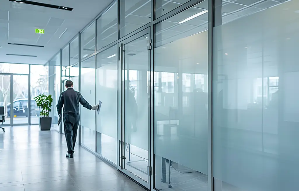 Entretien de vitrophanie sur une cloison vitrée de bureau
